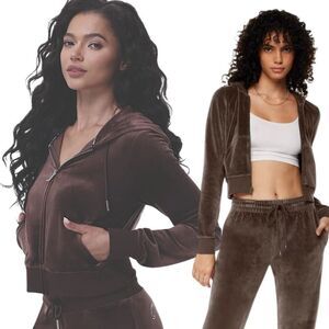 NWT Coffee Brown Velour Velvet Cropped Hoodie M Relaxed Fit